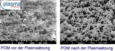 REM-Bild einer plasmageätzten POM-Oberfläche vor und nach der Strukturierungdescription of image